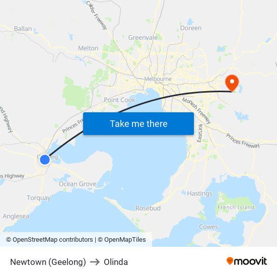 Newtown (Geelong) to Olinda map