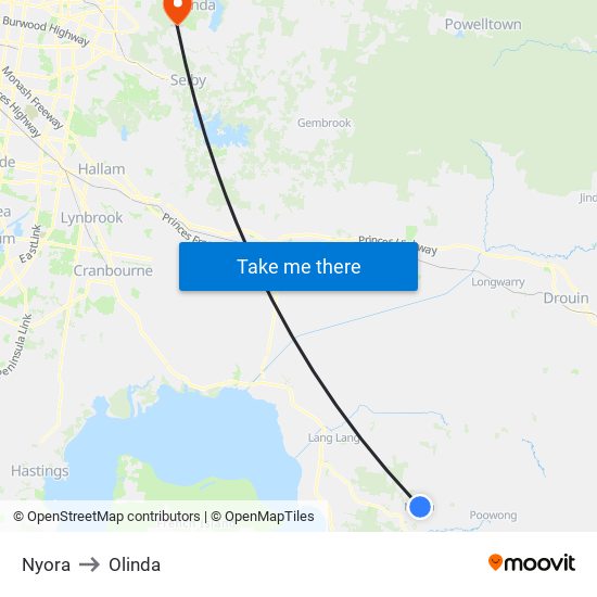 Nyora to Olinda map