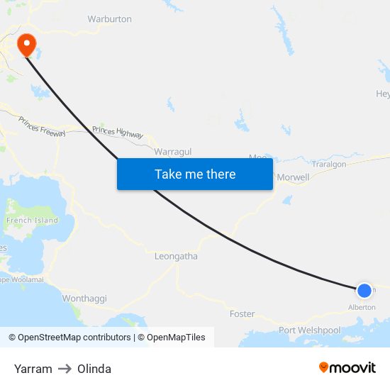 Yarram to Olinda map