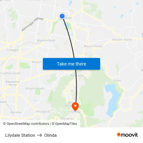 Lilydale Station to Olinda map