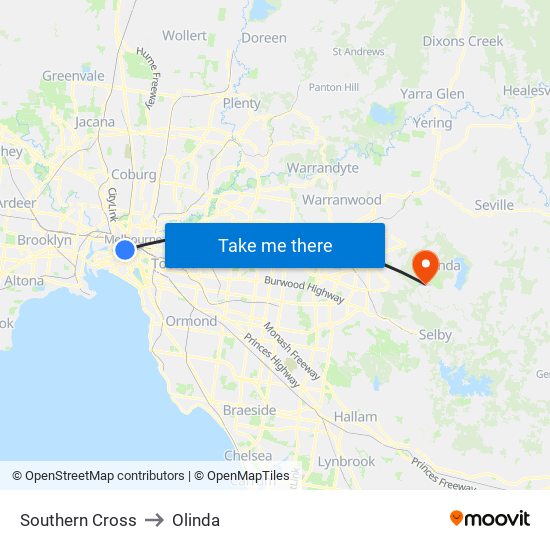 Southern Cross to Olinda map