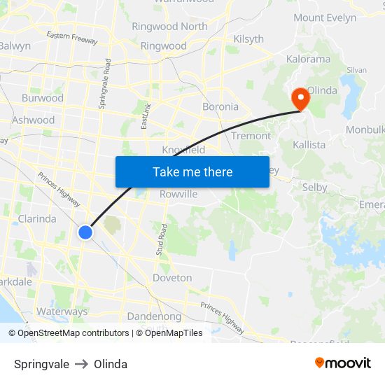 Springvale to Olinda map
