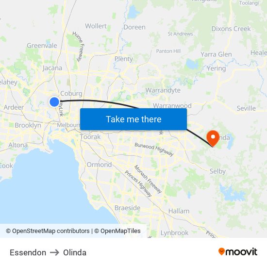 Essendon to Olinda map