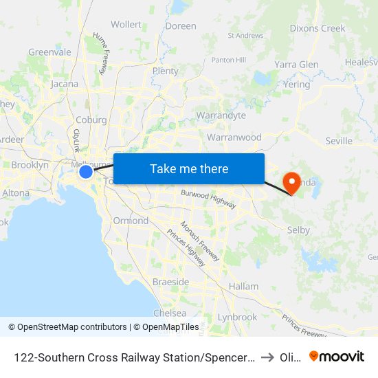 122-Southern Cross Railway Station/Spencer St (Melbourne City) to Olinda map