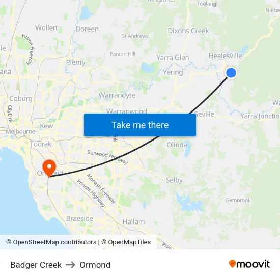 Badger Creek to Ormond map