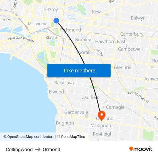 Collingwood to Ormond map