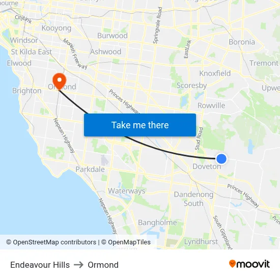 Endeavour Hills to Ormond map