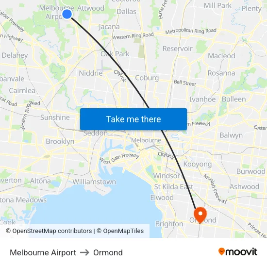 Melbourne Airport to Ormond map