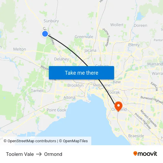 Toolern Vale to Ormond map