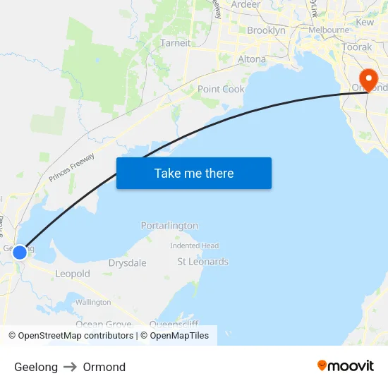 Geelong to Ormond map