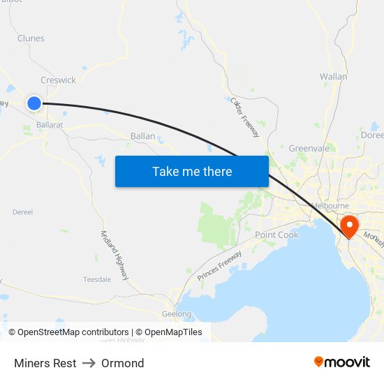 Miners Rest to Ormond map