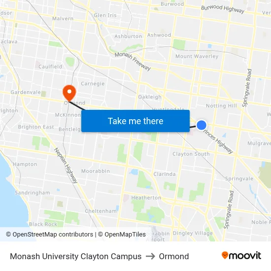 Monash University Clayton Campus to Ormond map