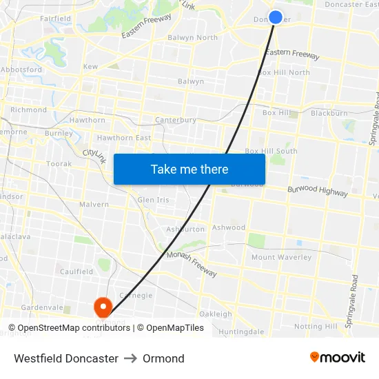 Westfield Doncaster to Ormond map