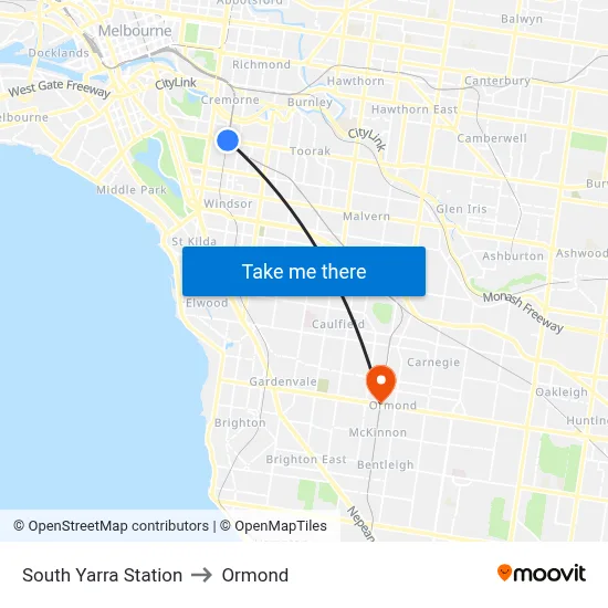 South Yarra Station to Ormond map