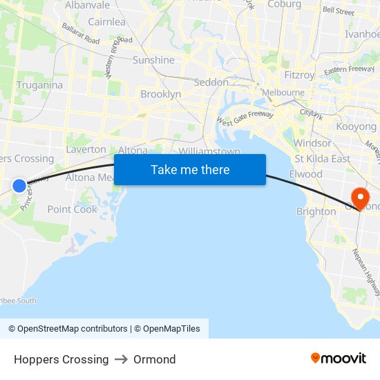 Hoppers Crossing to Ormond map