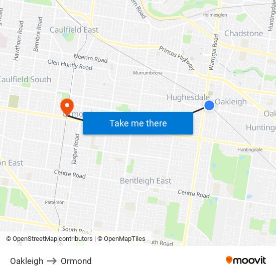 Oakleigh to Ormond map