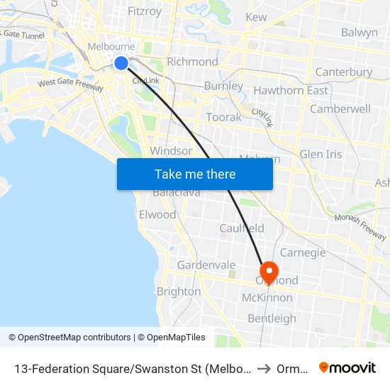 13-Federation Square/Swanston St (Melbourne City) to Ormond map