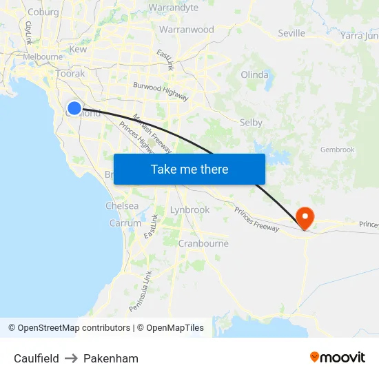 Caulfield to Pakenham map