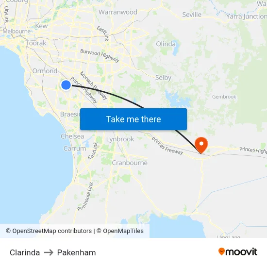 Clarinda to Pakenham map