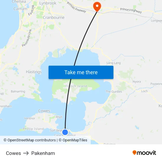 Cowes to Pakenham map