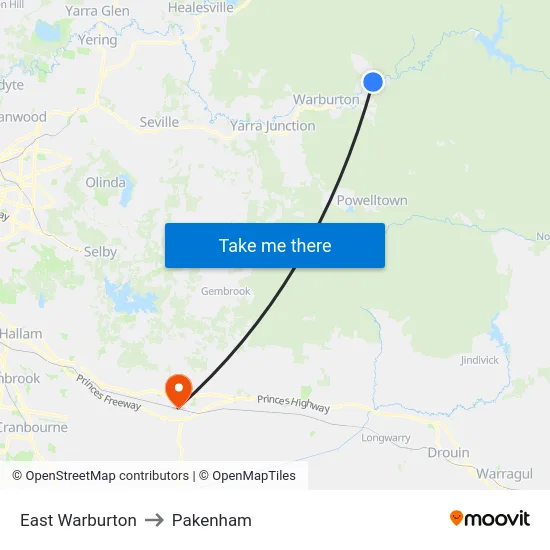 East Warburton to Pakenham map