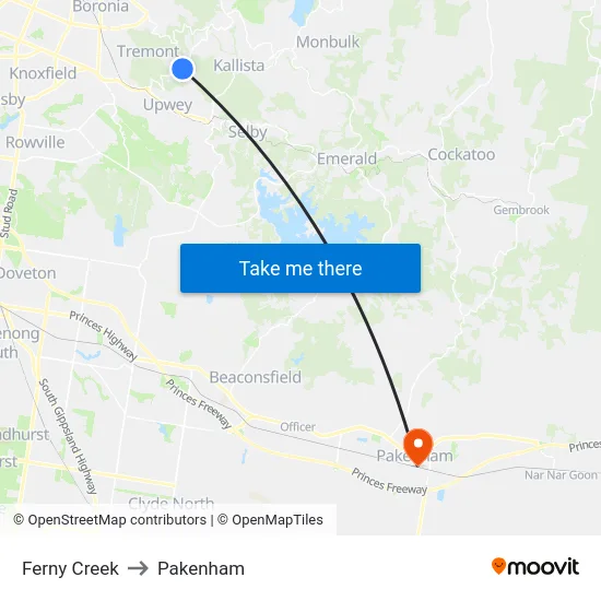 Ferny Creek to Pakenham map