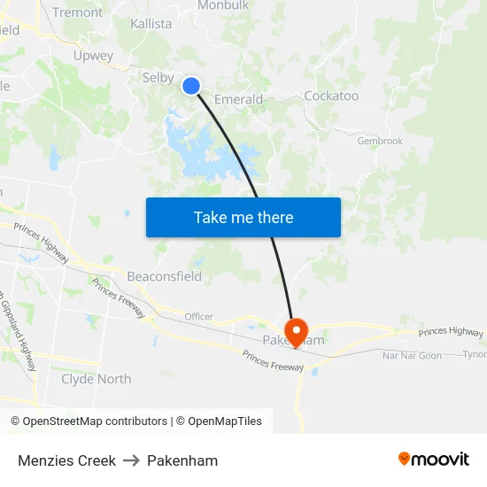 Menzies Creek to Pakenham map