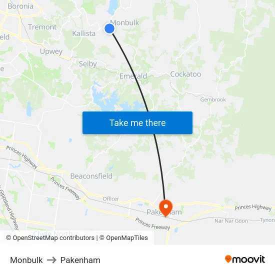 Monbulk to Pakenham map