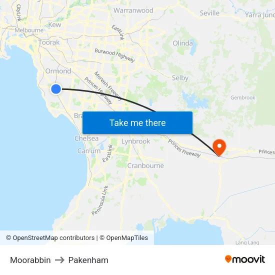 Moorabbin to Pakenham map