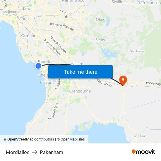 Mordialloc to Pakenham map