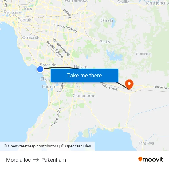 Mordialloc to Pakenham map