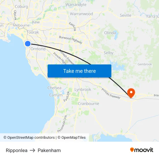 Ripponlea to Pakenham map