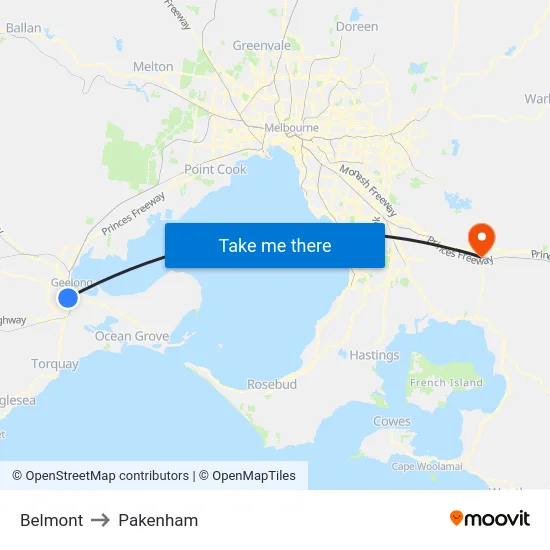 Belmont to Pakenham map