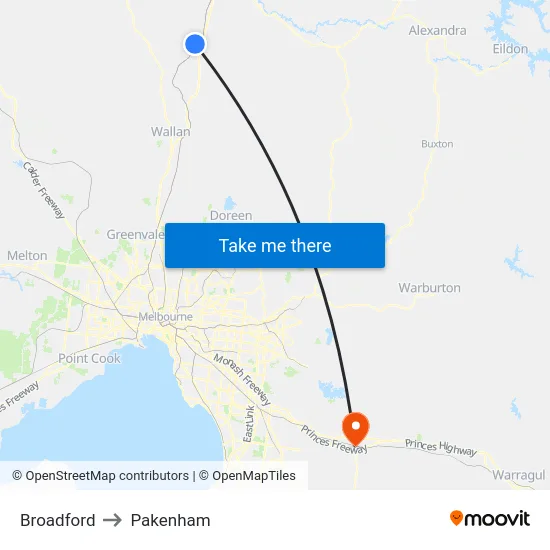 Broadford to Pakenham map