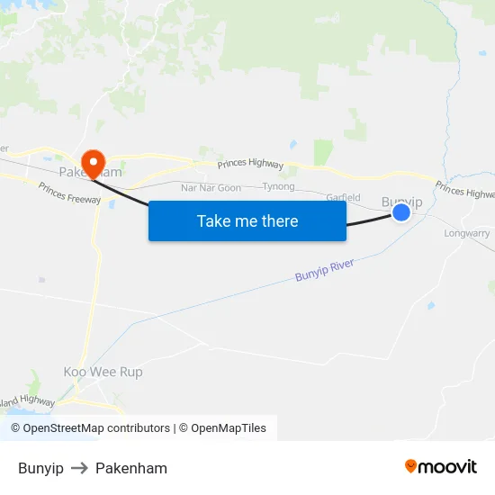 Bunyip to Pakenham map