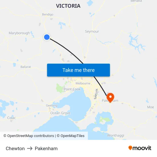 Chewton to Pakenham map