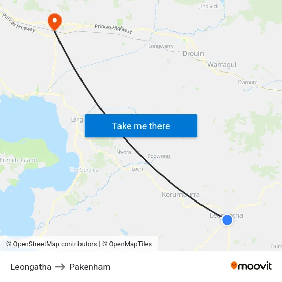 Leongatha to Pakenham map