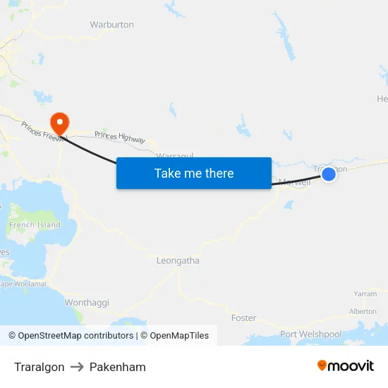 Traralgon to Pakenham map