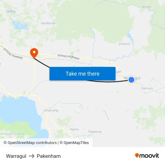 Warragul to Pakenham map