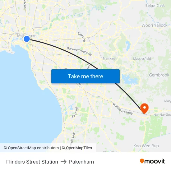 Flinders Street Station to Pakenham map