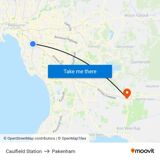 Caulfield Station to Pakenham map