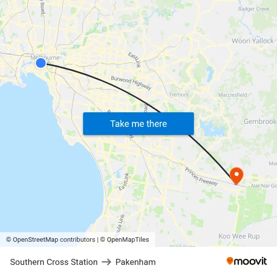 Southern Cross Station to Pakenham map