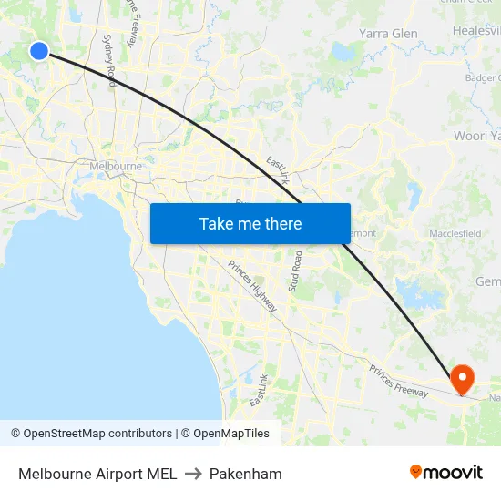 Melbourne Airport MEL to Pakenham map