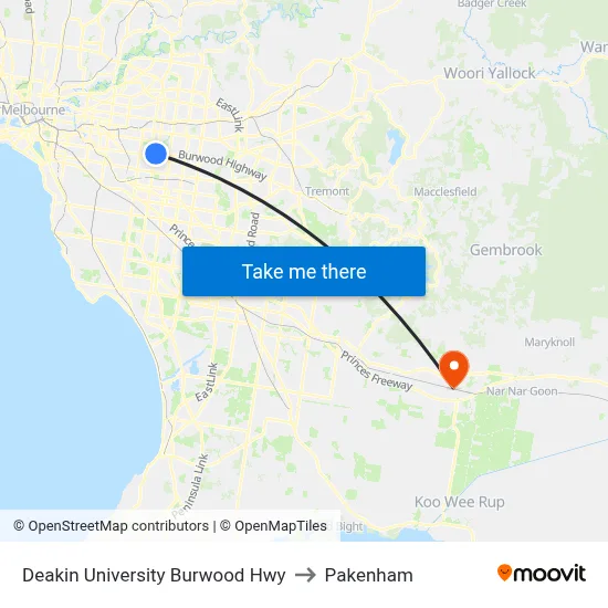 Deakin University Burwood Hwy to Pakenham map
