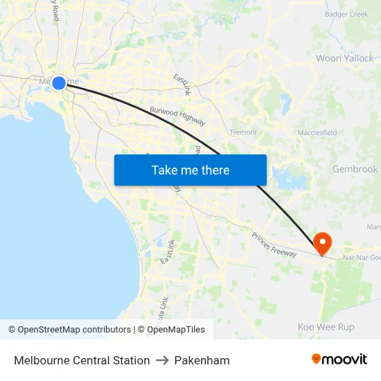 Melbourne Central Station to Pakenham map