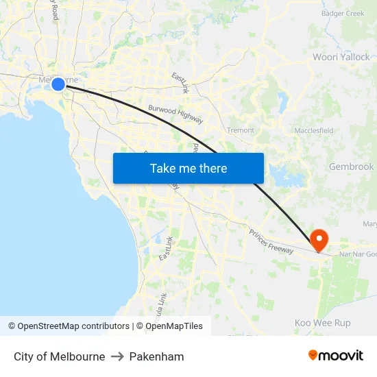 City of Melbourne to Pakenham map