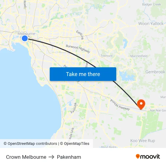 Crown Melbourne to Pakenham map