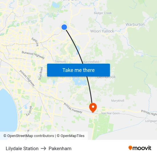 Lilydale Station to Pakenham map