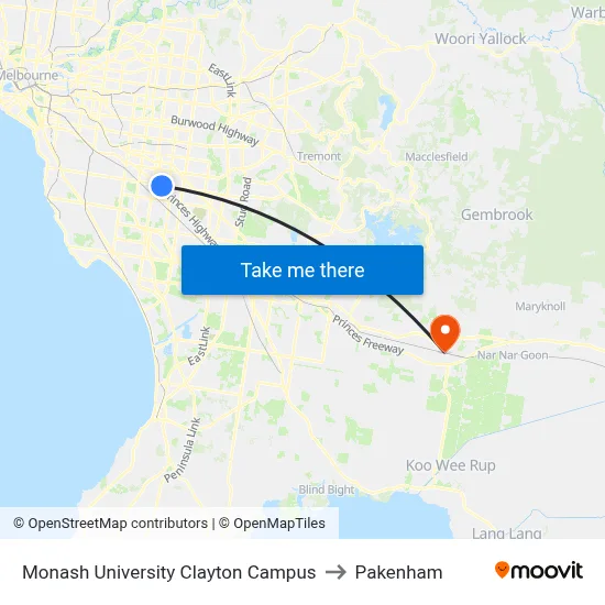 Monash University Clayton Campus to Pakenham map