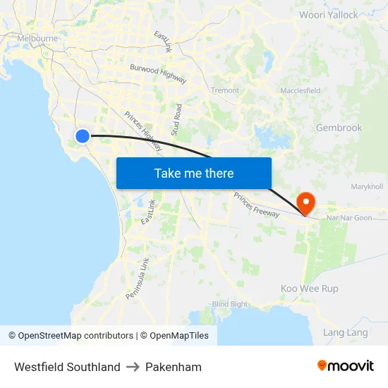 Westfield Southland to Pakenham map